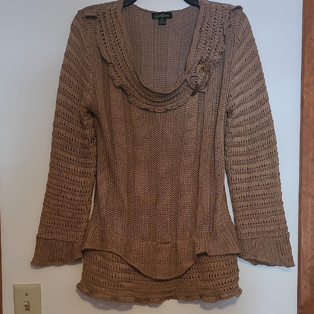 Vintage Cartise Brown Long Sleeve Crocheted Searer With Ruffle SZ L
